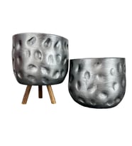 Bitki Tasarımı  Gümüş Desenli Toprak Saksı Saksılık Salon Çiçeklik İkili Set Ayaksız - 3 Ayaklı- 19 CM