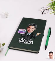 BK Gift Kişiye Özel Erkek Doğum Günü Karikatürlü Yeşil Termo Deri Defter Kalem Seti Model 2