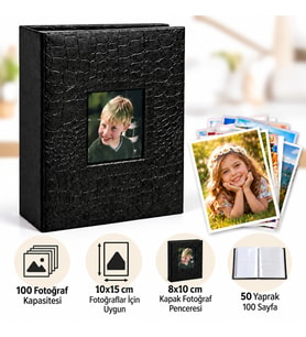 100'lü Deri Pencereli Fotoğraf Albümü 10x15 cm – 100 Fotoğraf Kapasiteli Anı Albümü