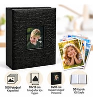 100'lü Deri Pencereli Fotoğraf Albümü 10x15 cm – 100 Fotoğraf Kapasiteli Anı Albümü