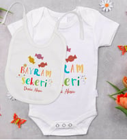 BK Kids Kişiye Özel Bayram Şekeri Tasarımlı Bebek Body Zıbın ve Mama Önlüğü Hediye Seti - Model 1