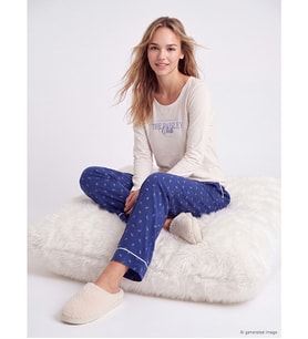 LCW DREAM Lacivert Bisiklet Yaka Baskılı Kadın Pijama Takımı
