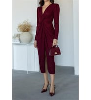 Neşeli butik kadın büzgü detaylı simli gece elbisesi NBMY3633 (Bordo)