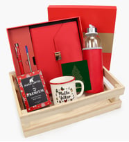 Ahşap Kasalı Kişiye Özel Kutulu Defter Kalem Seti & Alerya Yılbaşı Filtre Kahve & Mutlu Yıllar Vintage Kupa & Deri Kılıflı Kırmızı 500 Ml Su Matarası Hediye Seti