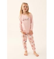Kız Çocuk Ayıcık  Baskılı Uzun Kollu Pijama Takım (Pudra)