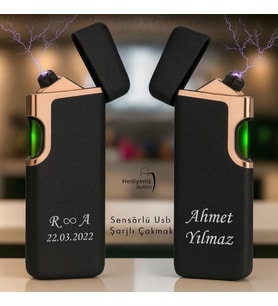 6 Renk Seçeneğiyle Sensörlü Lüks Usb Şarjlı Çakmak Çift Yön Baskı Seçeneği - Kişiye Özel Tasarım (Siyah)