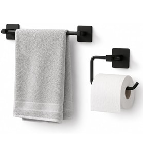 2'li Siyah Banyo Aksesuar Seti, Uzun Havluluk ve WC Tuvalet Kağıtlığı, Hem Yapışkanlı Hem Vidalı Montajlı, Mat Siyah Statik Boyalı Banyo Seti