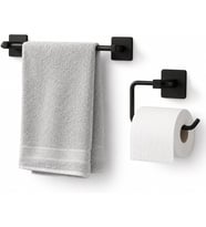 2'li Siyah Banyo Aksesuar Seti, Uzun Havluluk ve WC Tuvalet Kağıtlığı, Hem Yapışkanlı Hem Vidalı Montajlı, Mat Siyah Statik Boyalı Banyo Seti