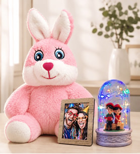 Kişiye Özel Fotoğraflı Renkli LED Işıklı Oturan Çiftli Fanus ve Pembe Peluş Tavşan Sevgiliye Kadına Hediye
