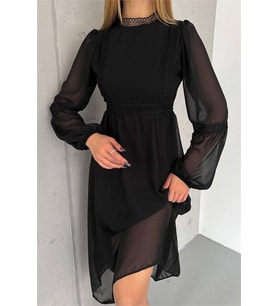 Neşeli butik kadın siyah midi boy astarlı şifon elbise NBK2024