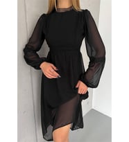 Neşeli butik kadın siyah midi boy astarlı şifon elbise NBK2024