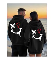 Sevgili Çift Kombin Hoodie–Yüz Kalp Baskılı Oversize Kapüşonlu Sweatshirt 2’li Set Unisex 3 İplik (Siyah)