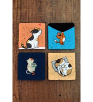 Doğal Taş Bardak Altlığı 4'lü Set 10x10x1 cm Sevimli Kediler Baskılı-Stone Coasters