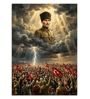 Kalabalık Üstünde Atatürk Işıklı Bulut Dekoratif Kanvas - Mdf Ahşap Tablo