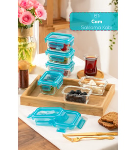 Porsima 4376 6lı Sızdırmaz Kilit Kapaklı Yiyecek Erzak Saklama Kabı Seti - Cam Saklama Kabı - 150ml Mavi