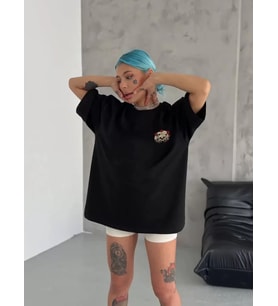 Unisex Bisiklet Yaka Baskılı Oversize T-Shirt - Siyah