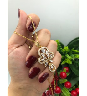 22 AYAR ALTIN KAPLAMA KADIN GOLD KIVIRCIK ZİNCİRLİ BAGET TAŞLI ÇITIR KOLYE