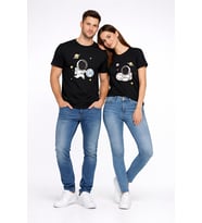 Sevgili Kombini Astronot Baskılı Çift Tişört Oversize Unisex Partner Tişört 2’li Set (Siyah)