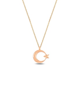 Zirkon Taşlı Rose Renk Ay Yıldız Model 2 Kadın Gümüş Kolye Gklayyldzm5-ros