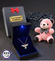Kişiye Özel 925 Ayar Gümüş Anka Kuşu Kolye ve Pembe Ayıcık – Zirkon Taşlı Şık Hediye