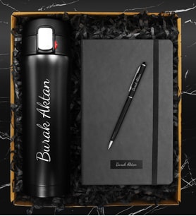 Kişiye Özel Otomatik Basmalı Çelik Termos & Kişiye Özel Defter & Kişiye Özel Kalem