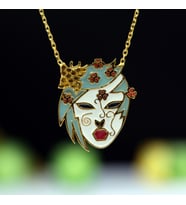 Sarı Taşlı Renkli Mineli Japon Maske Gümüş Kolye