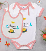 BK Kids Annemin Kahve Zamanı Tasarımlı Pembe Bebek Body Zıbın ve Mama Önlüğü Hediye Seti-1