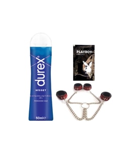 Durex Hisset Pürüzsüz Hazlar 50 ml Jel + Kırmızı Deri El ve Ayak Kelepçesi + Hediye
