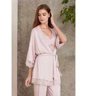Pierre Cardin Dantelli Sabahlıklı Penye Pijama Takımı Pudra