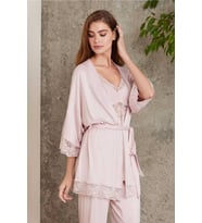 Pierre Cardin Dantelli Sabahlıklı Penye Pijama Takımı Pudra