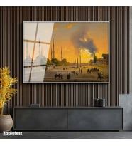 Gümüş Renk Metal Çerçeveli Tamperli Cam Tablo Ippolito Caffi Sultanahmet Meydanı Obelisk Minare Ressam Tablosu Dekoru