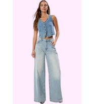 Kadın Pamuk Denim Palazzo Jean Yüksek Bel Geniş Paça Günlük Stil Yaz Aylarının Vazgeçilmezi (Mavi)