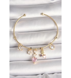 Pirinç Gold Renk Sallantı Zirkon Taşlı Kalp Figür Pembe Kalp Detay Charm Kadın Bileklik