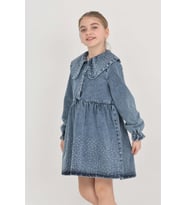 Kız Çocuk Taş Süslemeli ve Geniş Yakalı Jean Elbise 12453 MODANINO (İndigo)