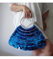 El Örgüsü DİANA Pullu Saks Mavi Gümüş Gelin Kadın Abiye Clutch Portföy Çanta