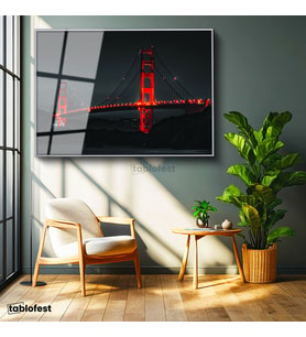 Gümüş Renk Metal Çerçeveli Tamperli Cam Tablo Golden Gate Köprüsü Gece Aydınlatması Şehir Mimari Tablo Duvar Dekoru