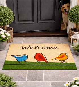 Esnature Chirp Birds Renkli Cıvıldıyan Kuşlar Kahverengi Welcome Kapı Önü Paspası 45x70 Cm