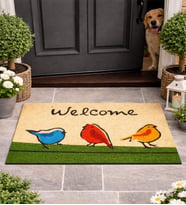 Esnature Chirp Birds Renkli Cıvıldıyan Kuşlar Kahverengi Welcome Kapı Önü Paspası 45x70 Cm