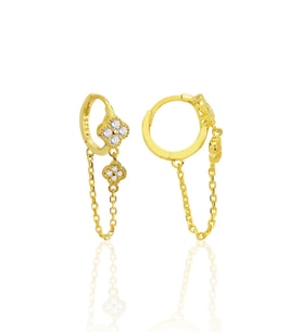 Gümüş altın yaldızlı zirkon taşlı zincirli yonca modeli halka küpe SGTL12579GOLD
