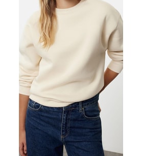 Regular Bisiklet Yaka Düşük Kol Regular Kalın İçi Polarlı Normal Kalıp Basic Örme Sweatshirt