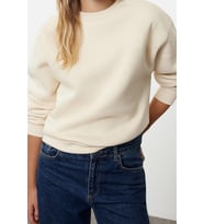 Regular Bisiklet Yaka Düşük Kol Regular Kalın İçi Polarlı Normal Kalıp Basic Örme Sweatshirt