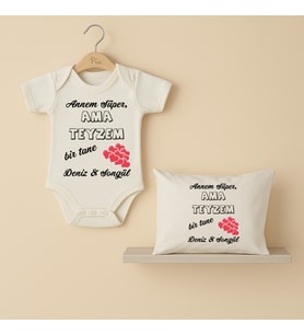 Pia Baby B25 %100 Pamuk Annem Süper Ama Teyzem Bir Tane Yazılı İsme Özel Bebek Body Ve Yastık Kılıfı (Ekru)