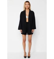 Kadın Büyük Beden Plaj Kimono Şort Takımı Şal Yaka Uzun Kol Oversize Kesim Crinkle Dokuma Günlük