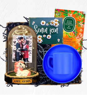 Fotoğraflı İsimli ve Işıklı Fanus & Mavi Kahve Fincanı Hediye Seti  Kişiye Özel Premium Set (Model 6)