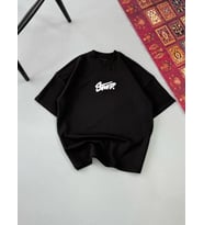 Erkek Kısa Kol Yazlık Tişört Bisiklet Yaka Baskılı Oversize T-Shirt - Siyah