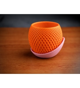 3D Baskı Küre Saksı - Kafes Dokulu İki Parçalı Dekoratif Saksı - Turuncu-Pembe