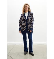 Peraluna ZEBRA CARDIGAN V Yaka Zebra Desen Organik Pamuk-Yün Karışım Geniş Kesim Kadın Triko Hırka - Lacivert
