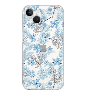 Apple iPhone 13 MiniKamera Korumalı Tıpalı Kapak Floral Mavi Tasarımlı Şeffaf Kılıf