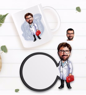 BK Gift Kişiye Özel Erkek Acil Tıp Teknisyeni Karikatürlü Beyaz Kupa ve Ahşap Bardak Altlığı Hediye Seti-1