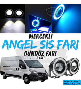 Fiat Ducato Uyumlu Üniversal Mercekli Angel Sis Farı Metal 76 mm Buz Mavi Halkalı Gündüz Farı 2 Adet